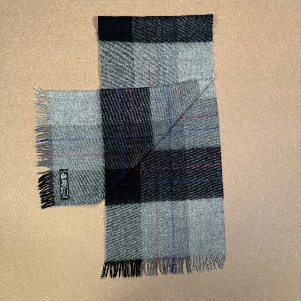 Vintage Scottish Plaid Lambs Wool Scarf Gray Black Made in Scotland Fringe